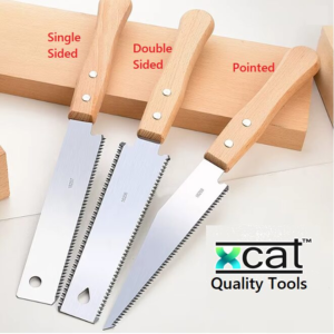 Set of three Japanese hand saws including ryoba, dozuki, and keyhole saws with wooden handles shown in diagonal profile