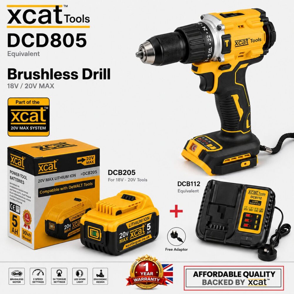 DCD805-type brushless drill driver set with drill body, battery and charger