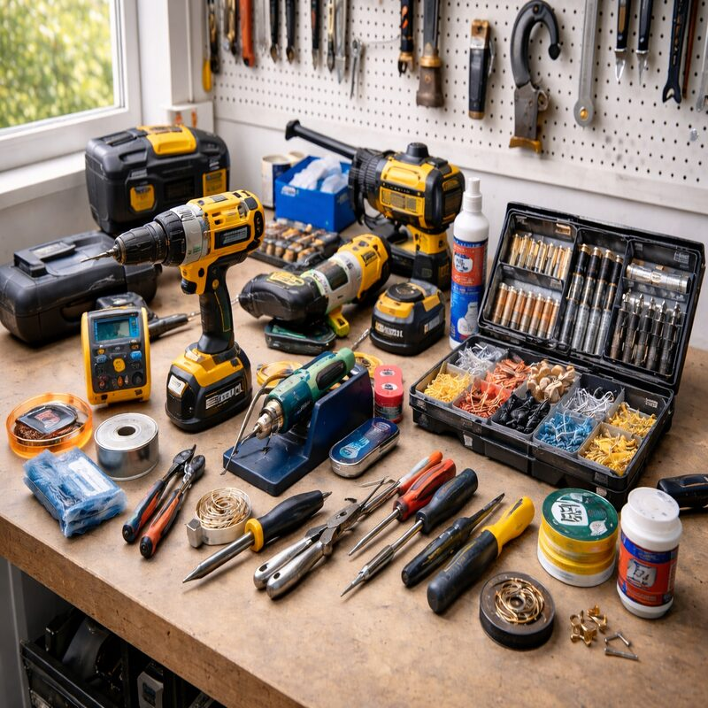 Selection of tools, accessories and consumables on a workshop bench including power tools, hand tools, soldering equipment, batteries and fixings