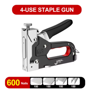 Heavy duty staple gun with chrome body and black red handle with 600 assorted staples,