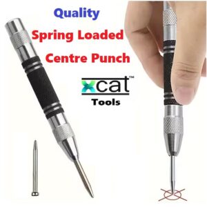 Automatic centre punch tool with spring-loaded mechanism for accurately marking drill holes in wood, metal and steel