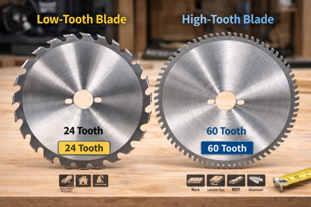 Circular saw blade comparison showing low tooth count blade vs high tooth count blade