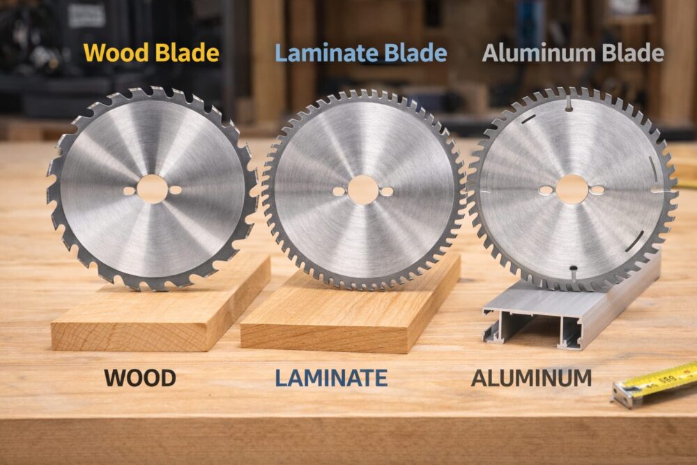Circular saw blade types comparison showing wood blade, laminate blade and aluminium cutting blade