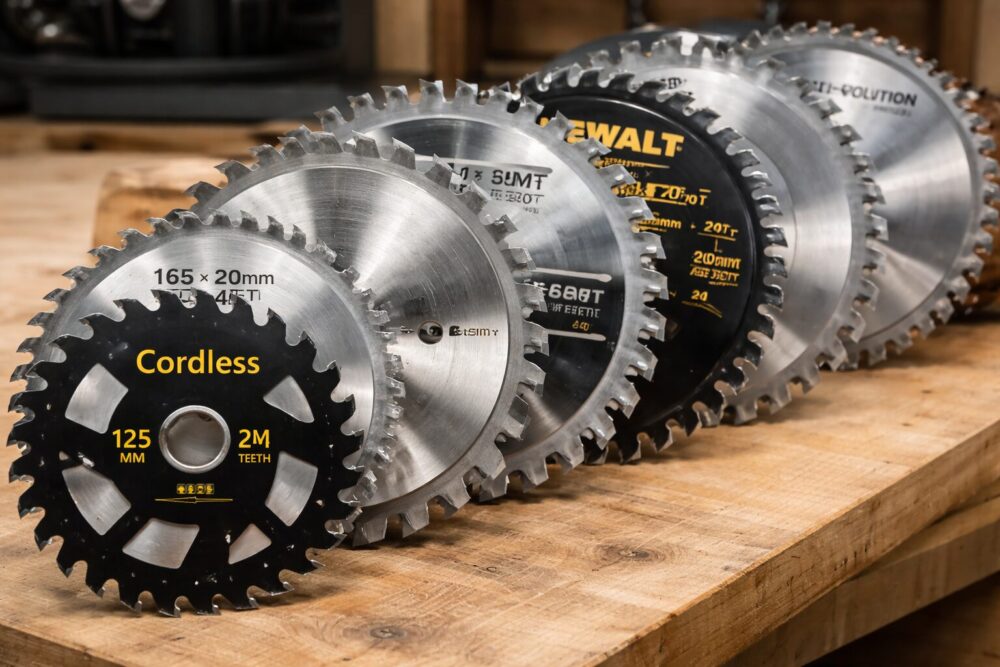 Circular saw blades in different sizes arranged side by side showing blade diameter and tooth count
