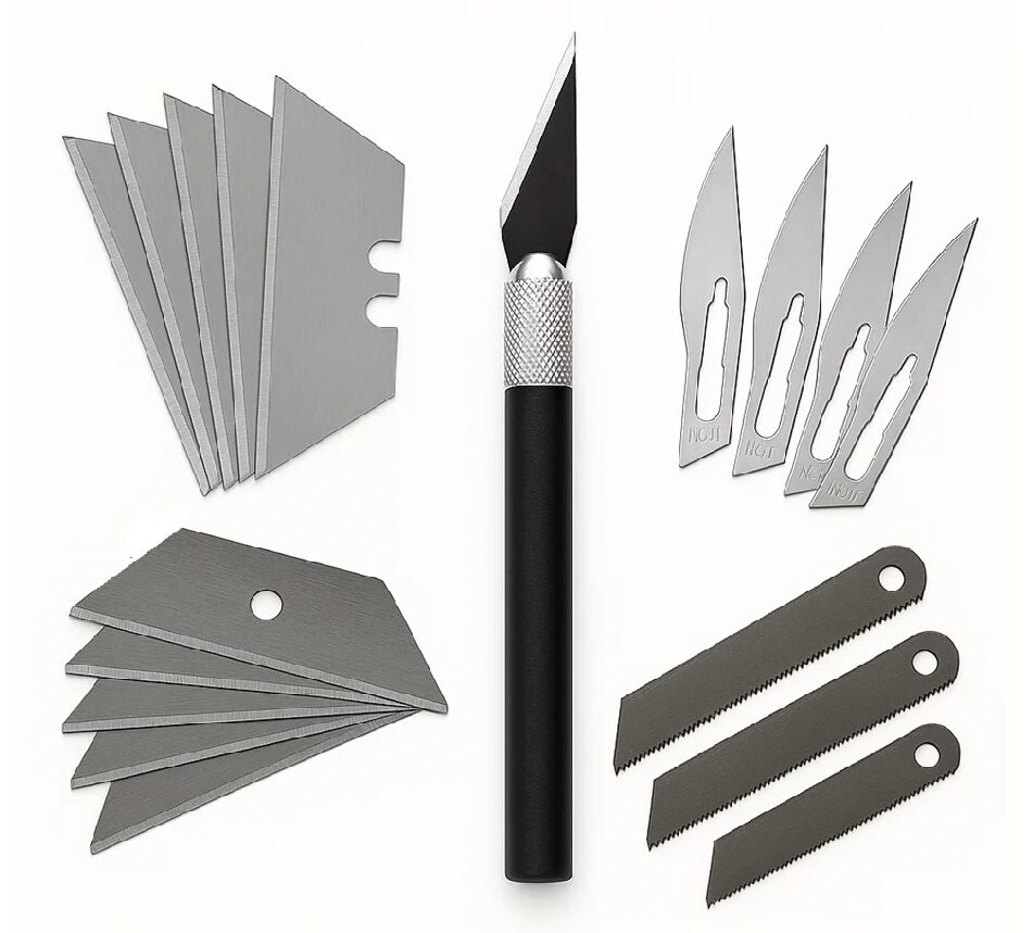 Craft knife and replacement Stanley blades for precision cutting navigation tile