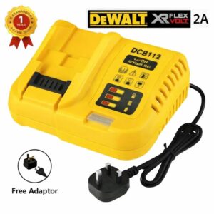 DeWalt DCB112 compatable with 10.8V 14.4V 20V MAX lithium-ion battery charger (Yellow) with free EU to UK plug adaptor on white background