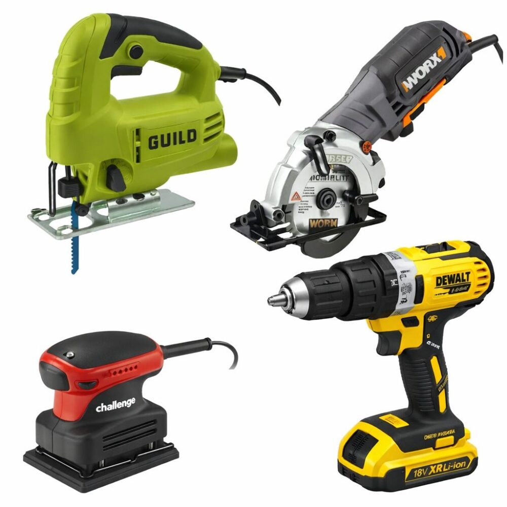 Refurbished power tools including Guild jigsaw, Worx circular saw, DeWalt drill and Challenge palm sander