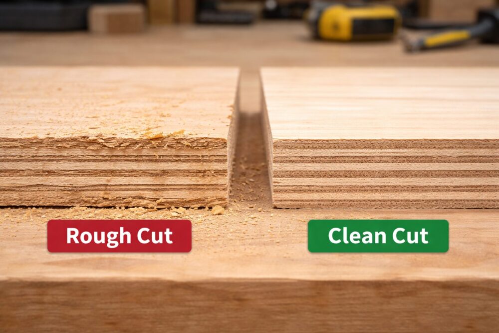 Comparison showing rough chipped cut edge vs clean smooth cut edge from different circular saw blades