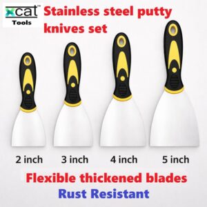 Stainless steel putty knife set with flexible blades in 2, 3, 4 and 5 inch sizes – rust resistant scraper tools