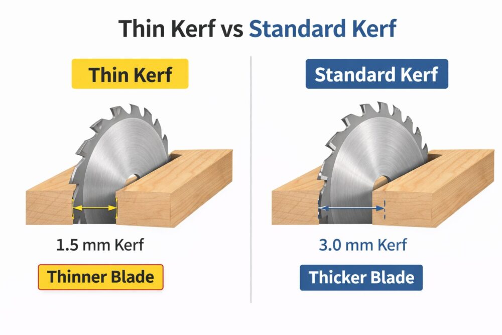 Diagram comparing thin kerf and standard kerf circular saw blades showing cut width difference