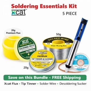 Xcat soldering essentials kit with flux, tip tinner, solder wire and desoldering pump – 5 piece repair kit.