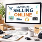 Desk workspace for selling products online with computer screen, shipping boxes, ecommerce icons, and packaging ready for dispatch
