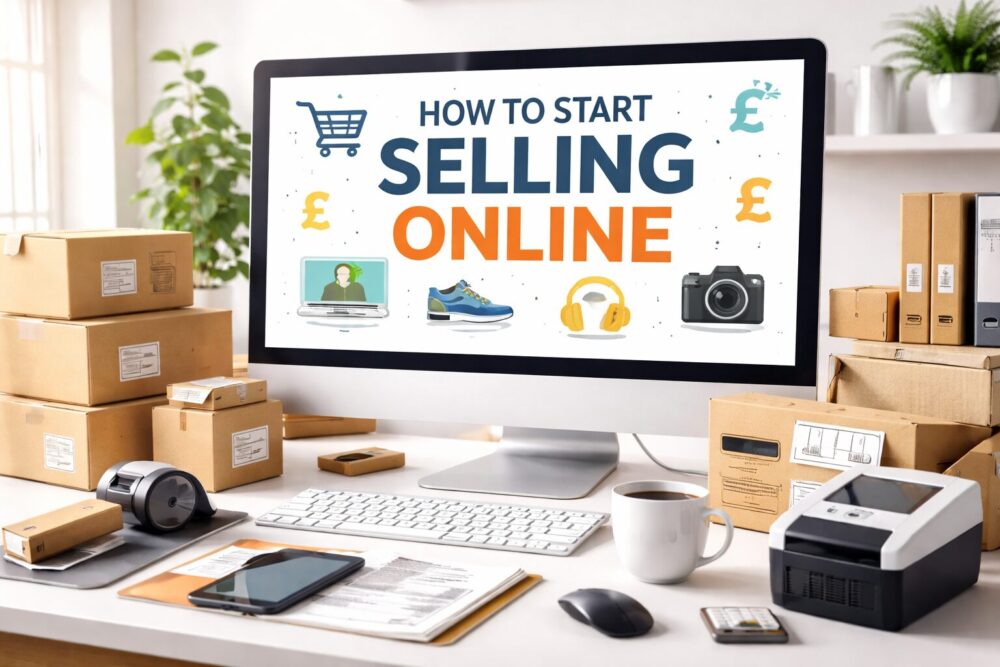 Desk workspace for selling products online with computer screen, shipping boxes, ecommerce icons, and packaging ready for dispatch