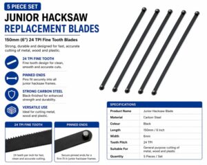 5 piece junior hacksaw replacement blades set with metal frame hacksaw, fine tooth cutting blades with close-up of blade teeth and end fittings on white background