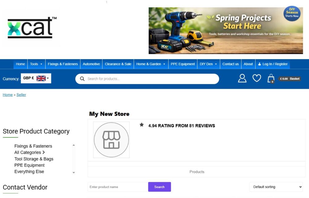 Example Xcat trusted seller vendor store page showing seller profile, product categories, ratings, and contact vendor section on Xcatalogue marketplace.