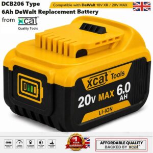 Yellow and black Xcat 20V Max 6Ah lithium-ion power tool battery pack on a plain white background with 1 year warranty badge.