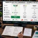 Independent ecommerce seller researching marketplace fees and product opportunities on a desktop monitor comparing Xcat, eBay, and Amazon seller competition and retained profit