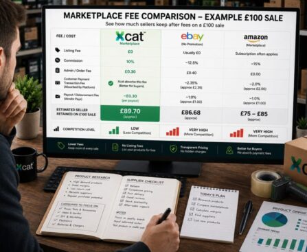 Independent ecommerce seller researching marketplace fees and product opportunities on a desktop monitor comparing Xcat, eBay, and Amazon seller competition and retained profit