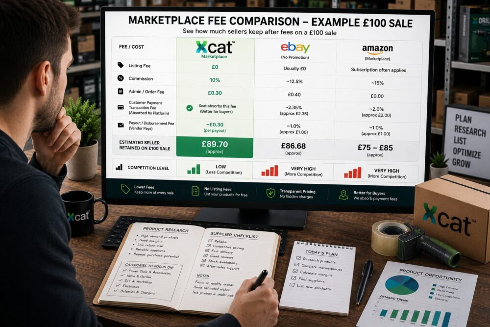 Independent ecommerce seller researching marketplace fees and product opportunities on a desktop monitor comparing Xcat, eBay, and Amazon seller competition and retained profit