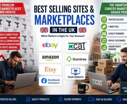 Comparison of the best selling sites and marketplaces in the UK including eBay, Amazon, Facebook Marketplace, Etsy, Gumtree, independent websites and Xcat, highlighting the differences between crowded high-fee marketplaces and curated platforms focused on repeat customers, loyalty rewards and higher profit margins