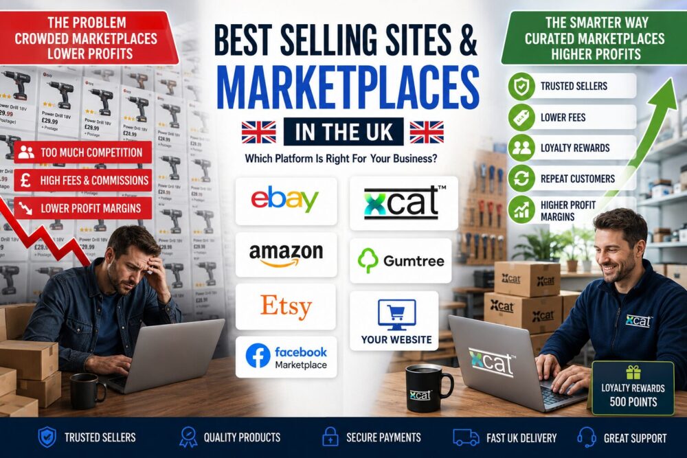 UK selling platforms including eBay, Amazon, Xcat Marketplace, Facebook Marketplace, Etsy, Gumtree and independent ecommerce websites