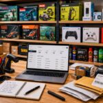 Independent ecommerce seller workspace with home and garden products, power tools, electronics, packaging supplies, and online marketplace order management setup