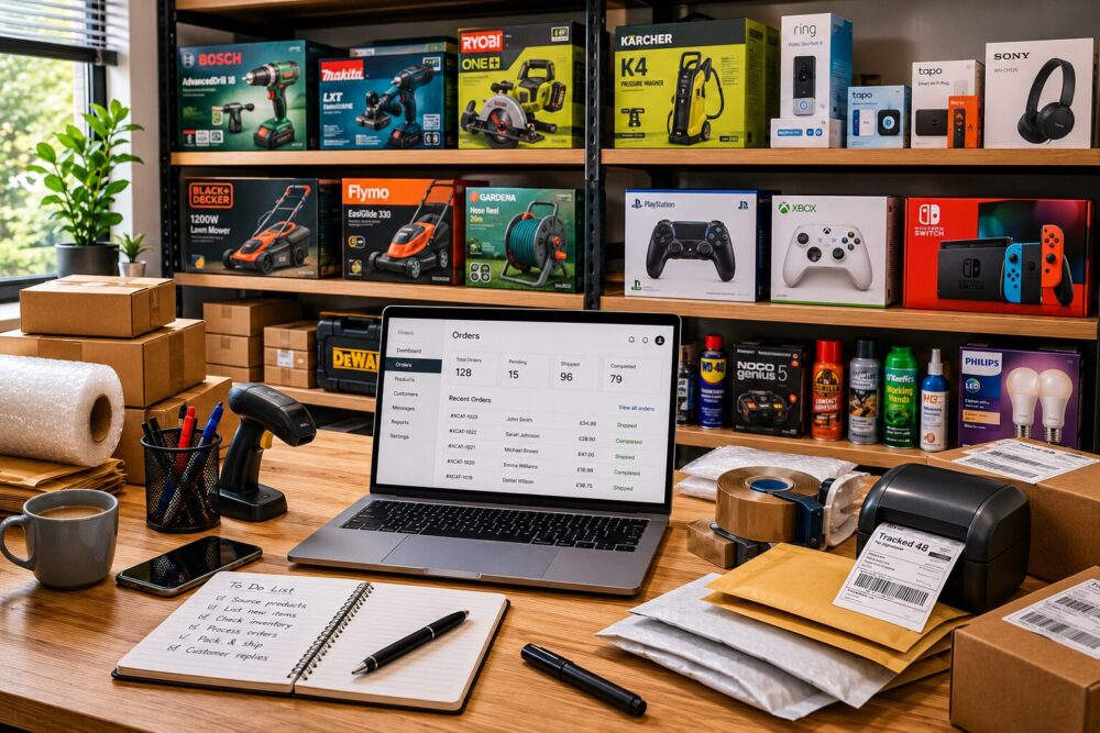 Independent ecommerce seller workspace with home and garden products, power tools, electronics, packaging supplies, and online marketplace order management setup