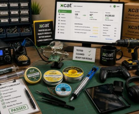 Professional refurbished electronics and DIY workshop workstation with soldering tools, Xcat flux products