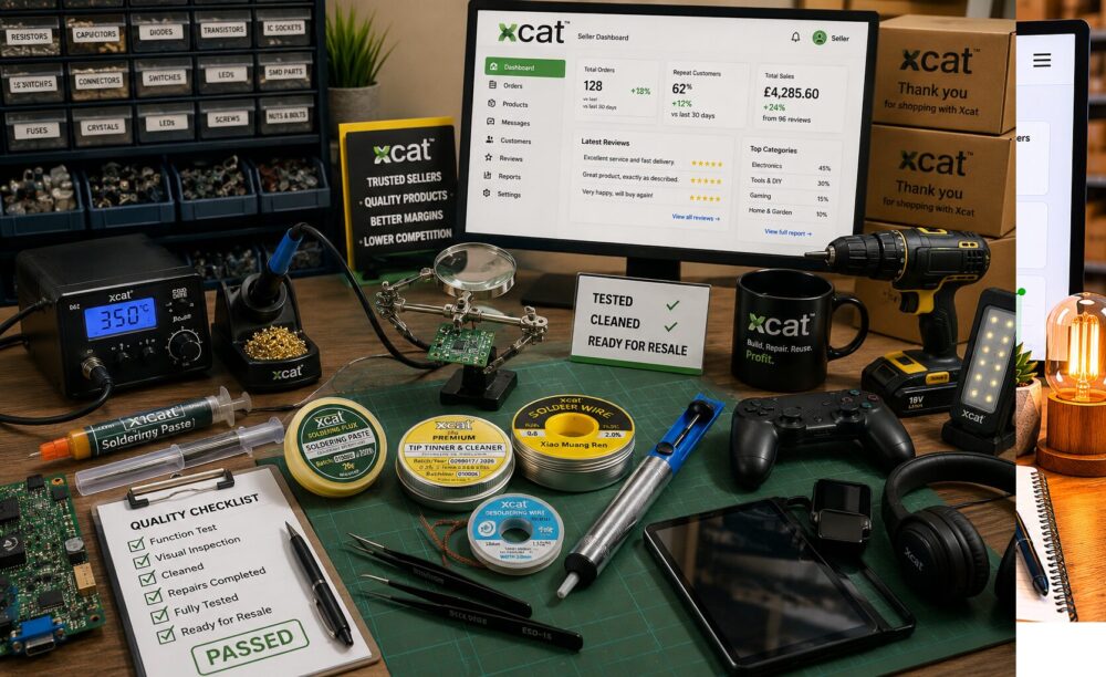 Professional refurbished electronics and DIY workshop workstation with soldering tools, Xcat flux products