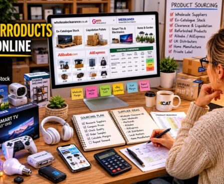 Woman researching wholesale suppliers, liquidation stock, Smart TVs, electronics, home and garden products, and ecommerce product sourcing opportunities on a desktop computer