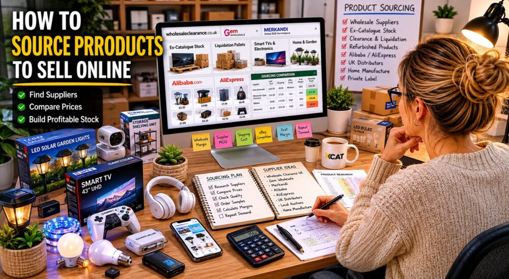 Independent ecommerce seller researching wholesale suppliers, liquidation stock, electronics, home and garden products, and online product sourcing opportunities
