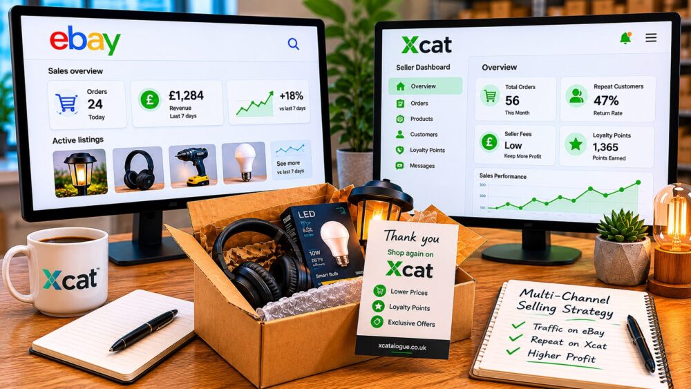 Independent ecommerce seller using eBay for customer traffic and Xcat for repeat customers, loyalty rewards, lower fees, and multi-channel ecommerce growth