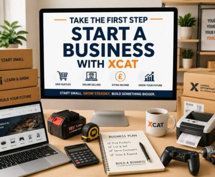 Start a business with Xcat marketplace showing seller storefront, products, categories, and opportunities for side hustles and small businesses