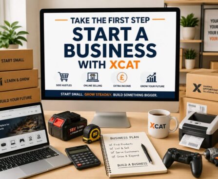 Start a business with Xcat marketplace showing seller storefront, products, categories, and opportunities for side hustles and small businesses