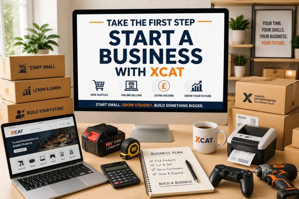 How to start an online business in the UK with ecommerce products, online selling workspace, packaging area, and Xcat marketplace seller business setup