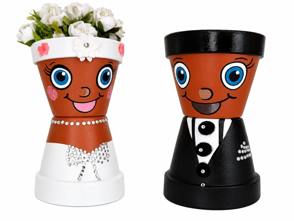 Bride & Groom Character Plant Pots – Handmade Wedding Gift