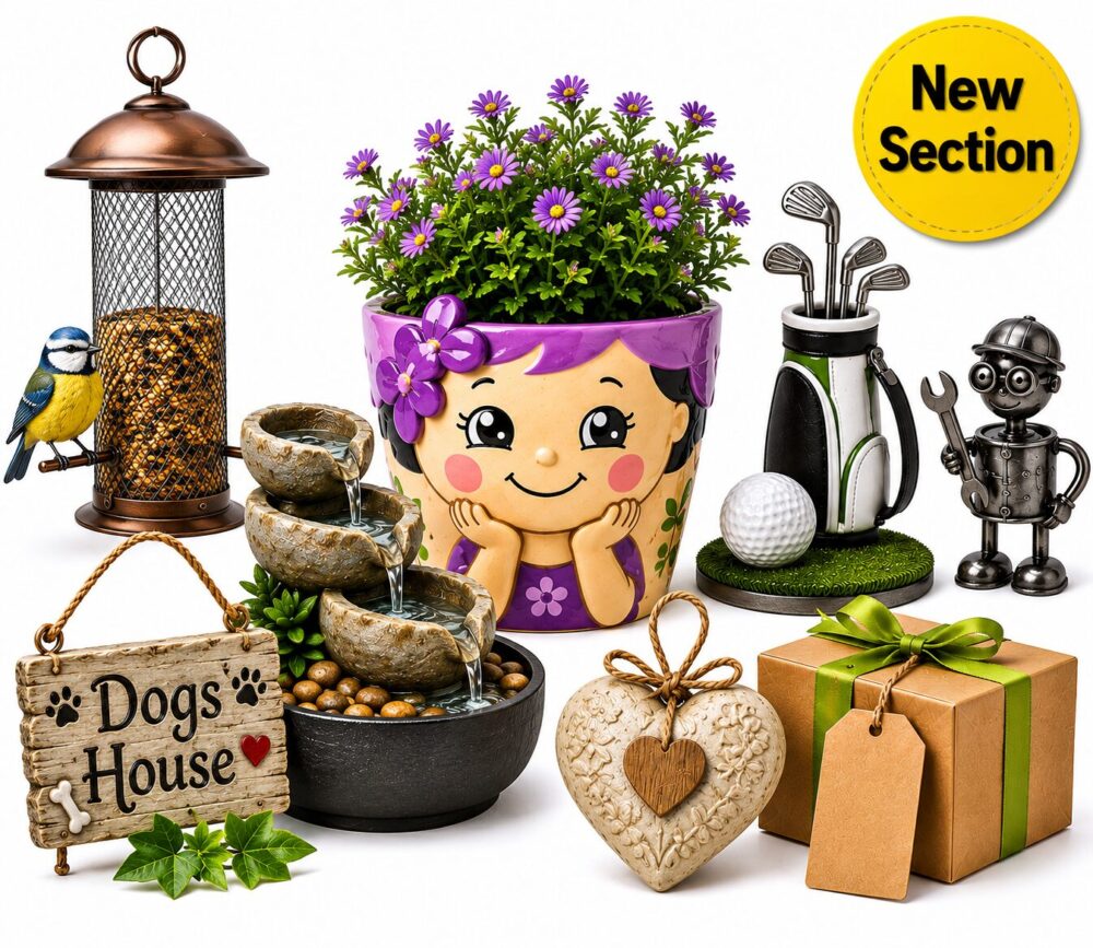 Collection of unusual gifts including a hand-painted character plant pot, bird feeder, water feature, golf gift, decorative plaque and gift box.