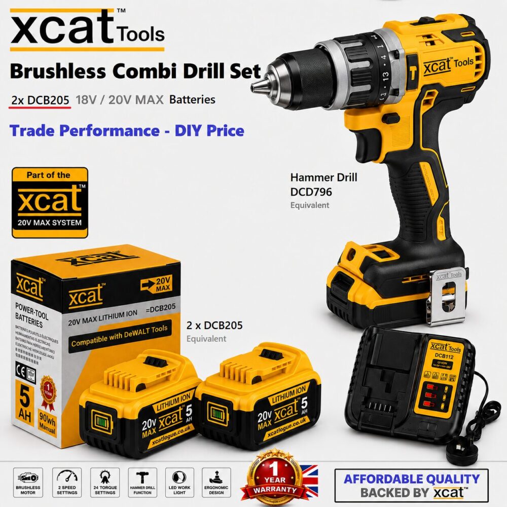 Xcat™ 20V Brushless Combi Drill Set with 2 x 5.0Ah Batteries & Charger
