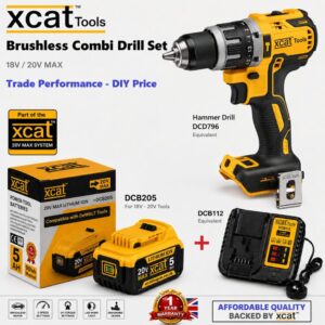 Xcat ONE 18V/20V MAX Brushless Combi Hammer Drill Set – DCD796 Equivalent – 5Ah Battery & Charger