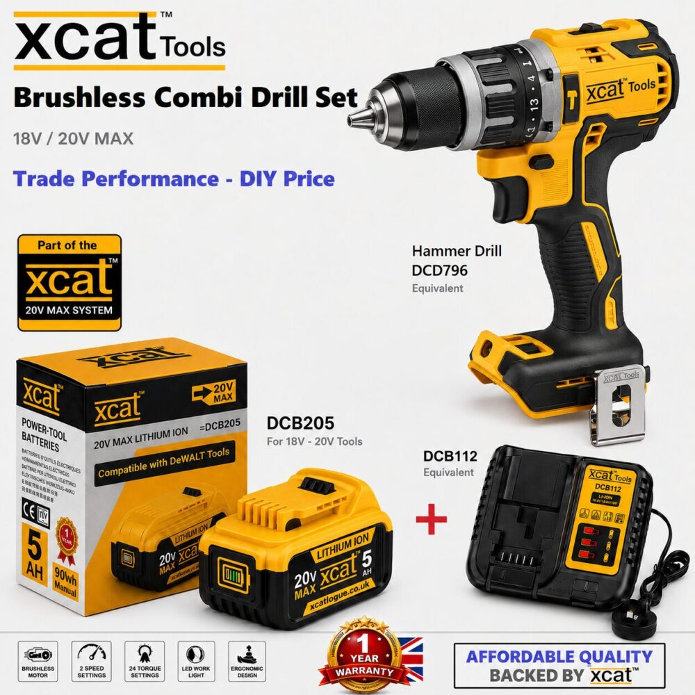 Xcat ONE 18V/20V MAX Brushless Combi Hammer Drill Set – DCD796 Equivalent – 5Ah Battery & Charger