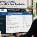 Man creating an Xcat Marketplace product listing on a desktop computer using the Xcat seller dashboard.