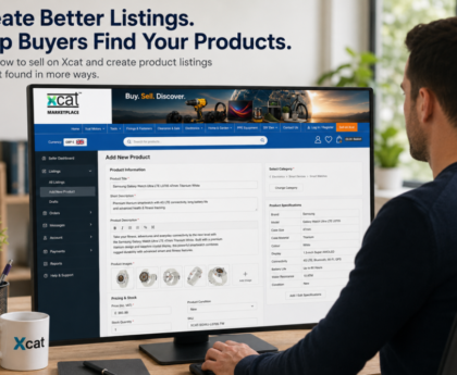 Man creating an Xcat Marketplace product listing on a desktop computer using the Xcat seller dashboard.