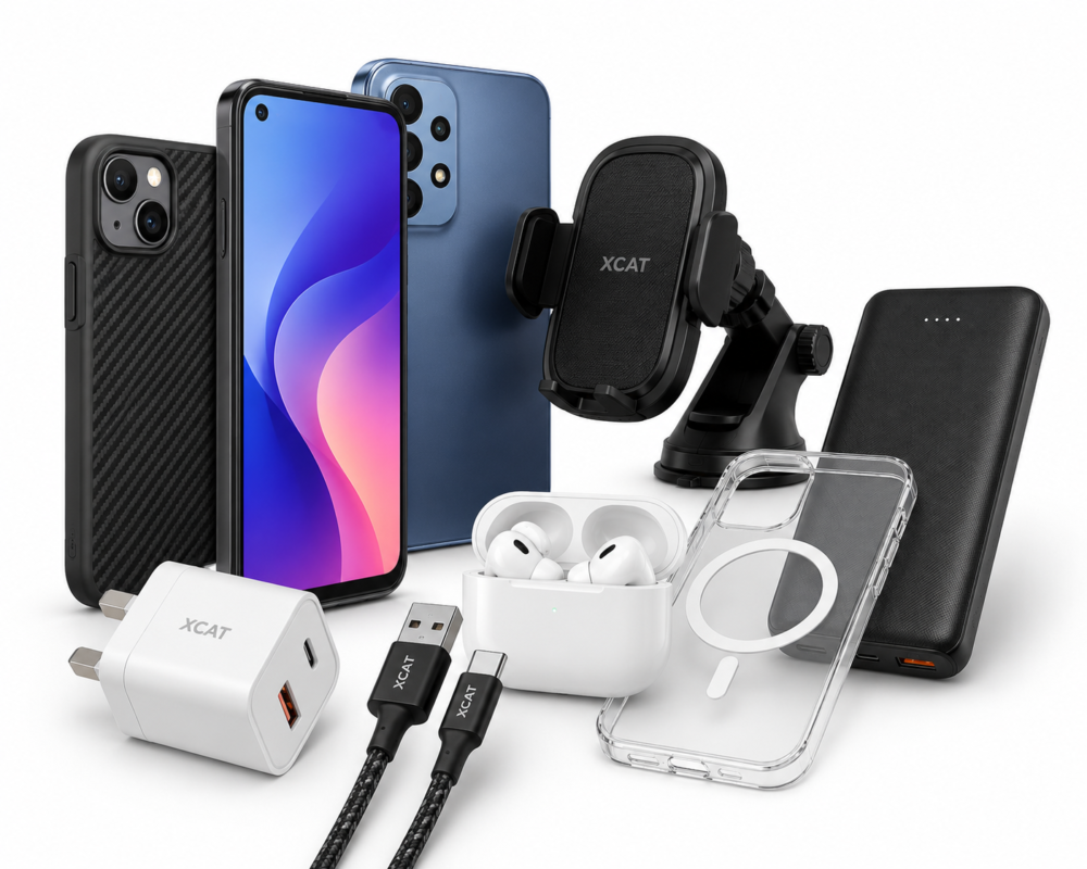 Mobile phones and accessories including smartphones, chargers, power bank, phone case, charging cables, car mount and wireless earbuds