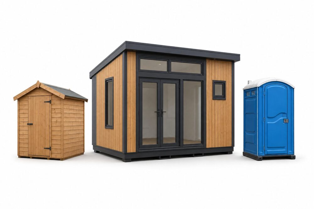Tiny home, garden shed and portable toilet representing portable buildings