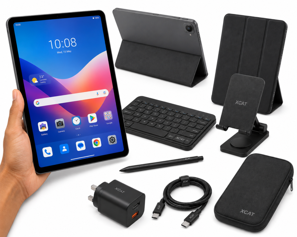 Tablets and accessories including tablet computers, protective cases, keyboard, stylus, charger, USB-C cable, tablet stand and carrying case