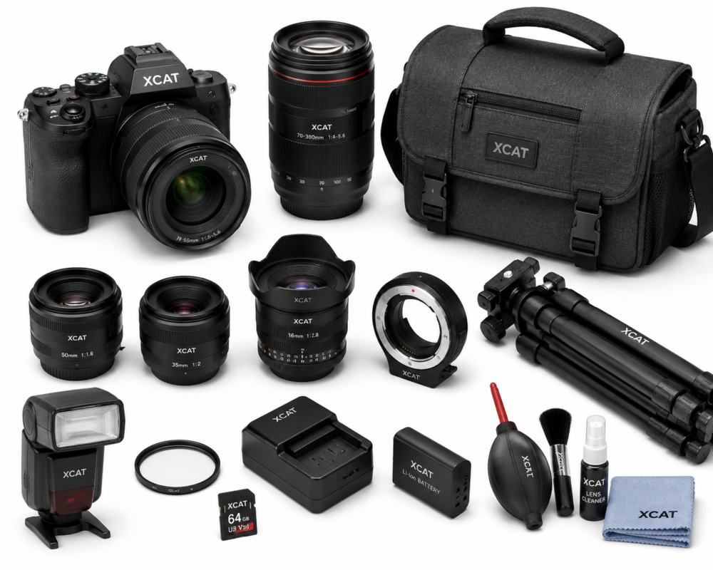 Cameras and lenses with camera bag, tripod, flash, battery, charger, memory card and cleaning accessories