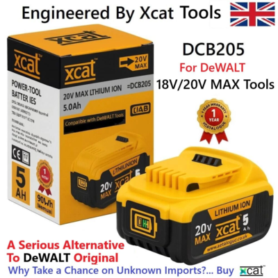 Xcat 20V MAX 5Ah lithium-ion replacement battery compatible with DeWalt tools, shown with retail packaging.